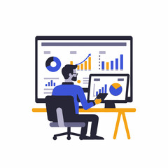 Data Analyst at Work Illustration-Man Analyzing Charts and Graphs on Computer-Business Intelligence and Analytics Concept-Data Visualization for Decision Making