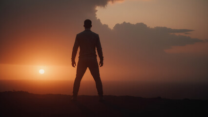 Obraz premium Silhouette Man Watching Sunset. Hope, Lonely, Future Concept. Back View Man Standing on Mountain Hilltop at Dusk. Orange Sky Background, Success, Travel and Motivation