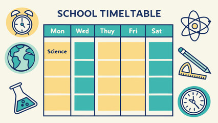 Illustration of a school timetable with days of the week and science subject with school icons around it
