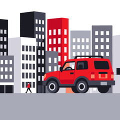 Urban Commute Illustration-Red SUV in Cityscape-Stylized Buildings and Pedestrian-Modern Graphic Art-City Living and Transportation Depiction