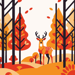Whimsical Deer in Autumn Forest Illustration-Beautiful Fall Colors-Cute Deer Graphic for Seasonal Designs-Nature Inspired Artwork-Animal and Landscape Composition