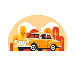 Vintage Yellow Car Illustration-Classic Automobile Graphic Design-Retro Vehicle with Fall Foliage-Stylish Transportation Art-Automotive Nostalgia Image