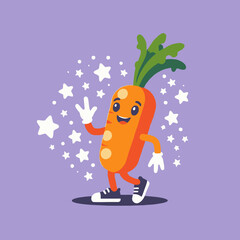 Whimsical Walking Carrot Illustration-Smiling Cartoon Carrot Character with Starry Background-Cute Vegetable Art for Kids-Healthy Food Mascot Design-Fun Carrot Image