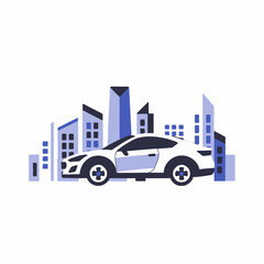 White car in city skyline illustration-Modern transportation concept-Stylish vehicle amidst urban landscape-Perfect for automotive or travel themes