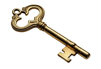 Old golden key isolated for antique, security, vintage, or treasure display.
