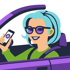 Woman Driver Using Phone in Car-Cartoon Girl with Blue Hair and Sunglasses Texting While Driving-Safe Driving Awareness-Avoid Distracted Driving Campaign