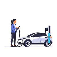 Woman charging electric car-using smartphone at charging station-eco-friendly transportation-sustainable energy-future of mobility-innovative technology