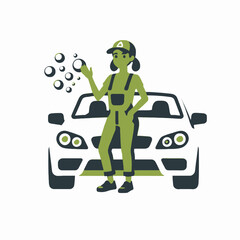 Woman Car Washer Cartoon- Car Wash Service Illustration- Professional Auto Detailing with Bubbles- Vehicle Cleaning and Maintenance Graphics