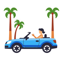 Woman Driving Blue Convertible Car Near Palm Trees- Summer Vacation Road Trip- Enjoying Tropical Scenery in Open Top Vehicle- Relaxing Holiday Getaway