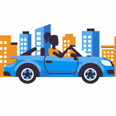 Woman Driving Blue Convertible in City-Road Trip Adventure-Freedom and Mobility-Urban Lifestyle-Automotive Design-Modern Transportation-Car Illustration