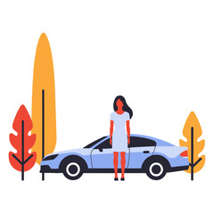 Woman Standing by Blue Car-Modern Transportation Lifestyle-Stylish Car and Driver-Autumn Inspired Colors-Elegant Car Illustration-Automotive Design & Fashion