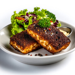Cajun blackened fish steaks, close-up, with black peppercorns, fresh parsley, and a side of creamy sauce and salad.
