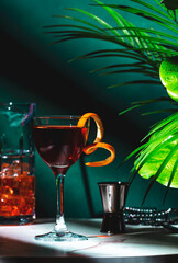 Elegant cocktail served in a stylish glass with garnished citrus peel on a beautifully arranged table amidst vibrant greenery