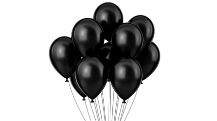 Elegant bundle of sleek black balloons float against a stark dark backdrop.