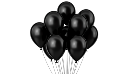 Elegant bundle of sleek black balloons float against a stark dark backdrop.