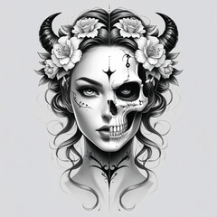 young woman with half a scary skull