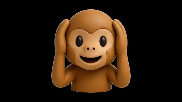 Playful monkey emoji sculpture animation isolated asset, transparent 4K video, alpha channel, ProRes 4444
