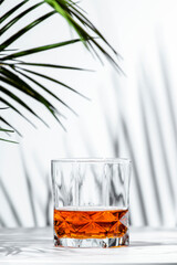 glass of rich scotch whiskey under soft afternoon sunlight with palm fronds in the background