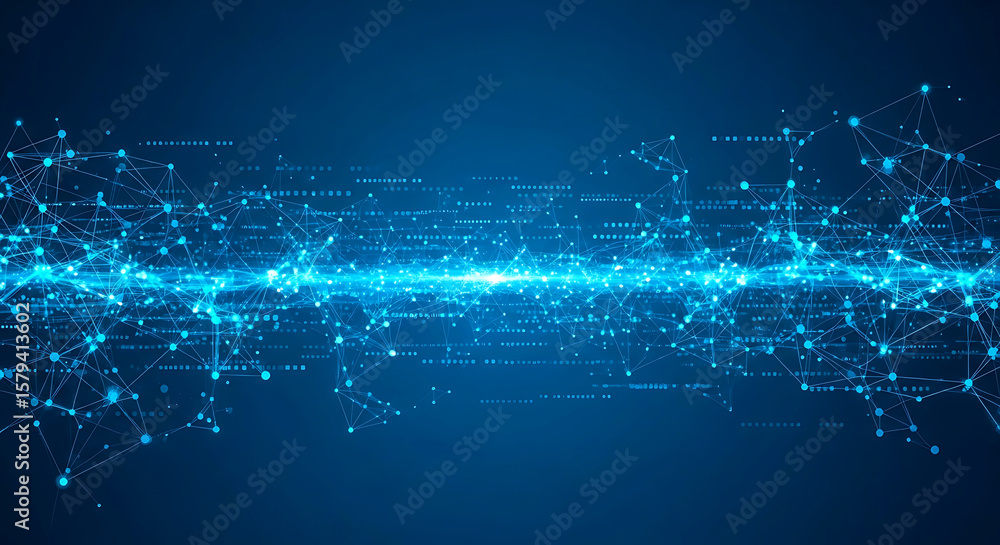 Poster abstract blue network connection background with geometric shapes, dots, and lines for digital techn