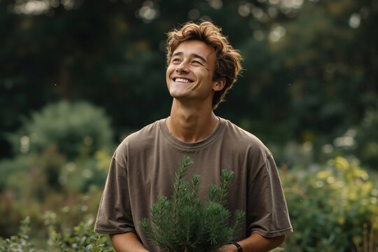 A young man holding a small pine tree in his hands - Powered by Adobe