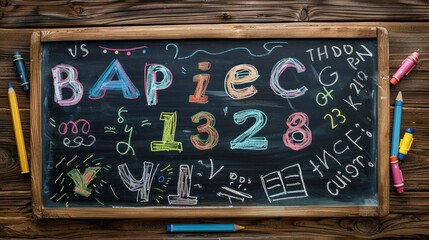 Colorful chalkboard with handwritten equations and drawings