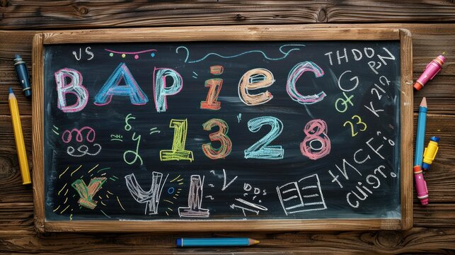 Colorful chalkboard with handwritten equations and drawings - Powered by Adobe