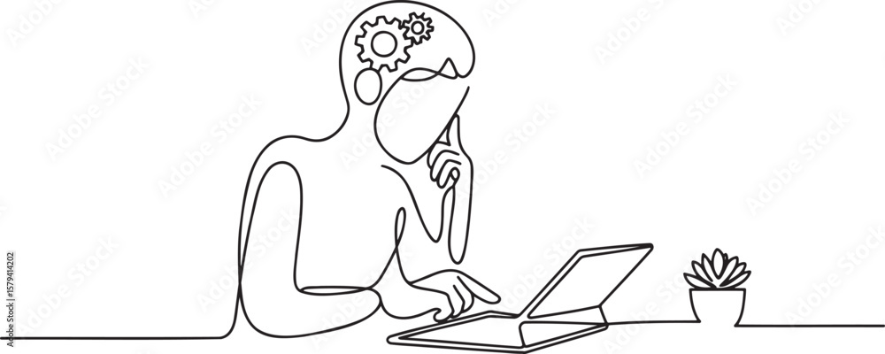 Poster conceptual line art depicting a person thinking and working on a laptop with gears representing thou
