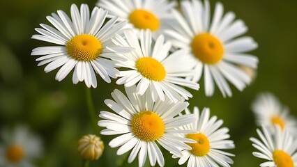 Obraz premium Close-up of fresh daisies with a soft green backdrop, natural light enhancing their delicate beauty.