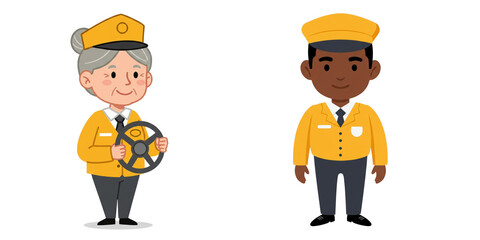 Cartoon school bus driver and attendant in uniforms with steering wheel  no background, isolated set