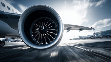 Powerful close-up of jet engine, intricate turbine blades as they prepare for takeoff. Jet engine engineering marvel of modern aviation and raw energy behind every flight. Travel and aviation concept