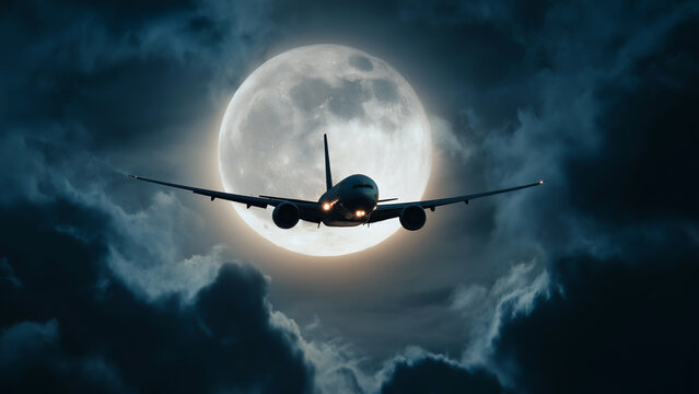 Commercial airplane flies dramatically across full moon, cutting through clouds in night sky. Silhouette of airplane in moonlight perfect for themes of journey, escape, and adventure. Aviation concept