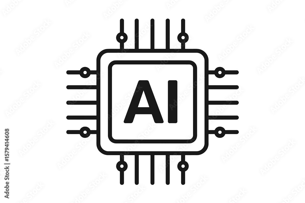 Fototapete AI artificial intelligence icon, computer processor microchip symbol. Technology, machine learning, neural network concept. Digital brain, cpu, circuit board vector logo.