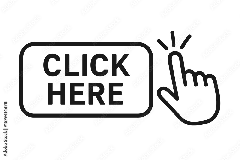 Poster hand cursor clicks here button. pointer finger icon for web ui. click here sign for website navigati