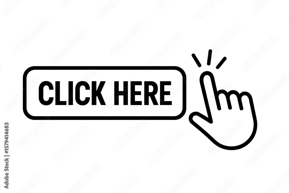 Poster click cursor icon with hand pointer clicking a button. click here web sign for internet site. isolat