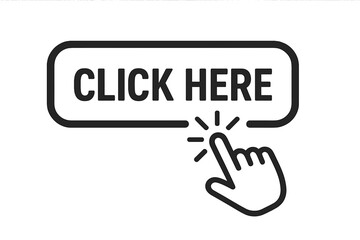 Click here button with hand pointer cursor icon. Clickable web sign for website, app, buy now, or register. Action bar graphic element with finger clicking isolated vector.
