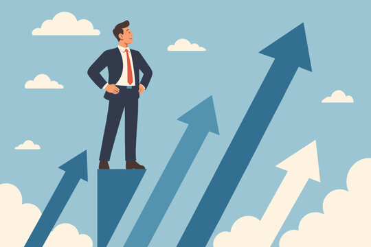 Company success, moving forward. Challenge or growth to progress. Ambition, motivation for improvement concept. Confident businessman standing on growing financial arrows.