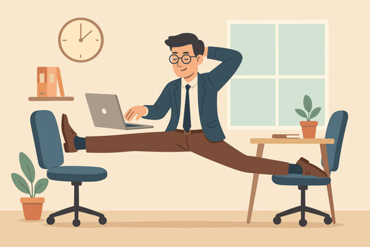 Flexible work concept, multitasking businessman in suit working on laptop, stretching legs between office chairs, time management, productivity, workplace balance, modern workspace