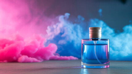 Perfume Bottle with Silver Cap and Pink-Blue Smoke Background

