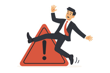 Fototapeta premium Business Risk Warning Concept. Cautious Businessman Slipping Falling on Caution Sign. Failure Prevention, Danger Alert, Mistake, Problem, Hazard, Exclamation Symbol, Safety Advice