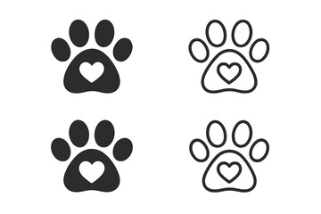 Cute Pet Paw Print Icon Set with Heart, Dog and Cat Animal Tracks, Solid and Outline Style, Transparent Background, Vector and PNG Illustration, Veterinary, Adoption, Love, Footprint Symbol