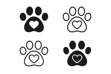 Cute Pet Paw Print Icons Set with Heart, Dog and Cat Animal Tracks, Solid and Outline Style, Vector and Transparent PNG, Veterinary, Adoption, Love, Animal Care, Logo Design