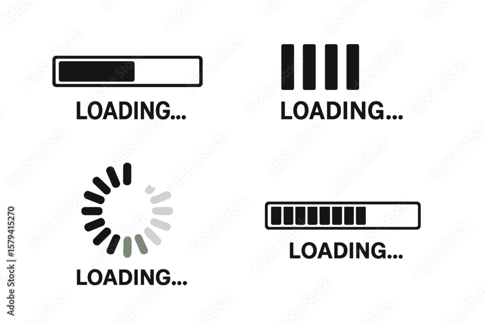 Poster Loading Bar Icons Set. Progress Bar Loading Signs Collection. Circular, Linear, and Block Loading Status Bars. Download Progress Icons. UI Elements. Transparent PNG Vector