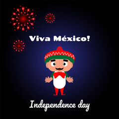 Independence Day of Mexico.A banner depicting a cheerful man in a Mexican sombrero against a background of fireworks.Vector illustration