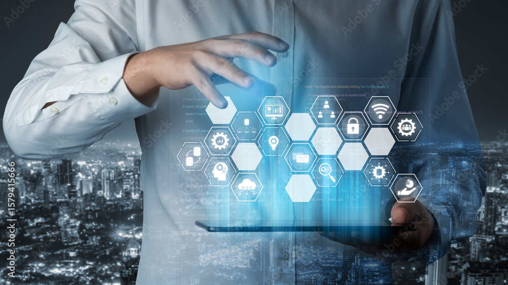 Poster hexagon interface combining ai, data, analytics, and cybersecurity. ai connects systems, data drives