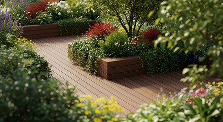 Beautiful wooden deck with vibrant flower planters, lush greenery, and serene outdoor ambiance, perfect for relaxation.