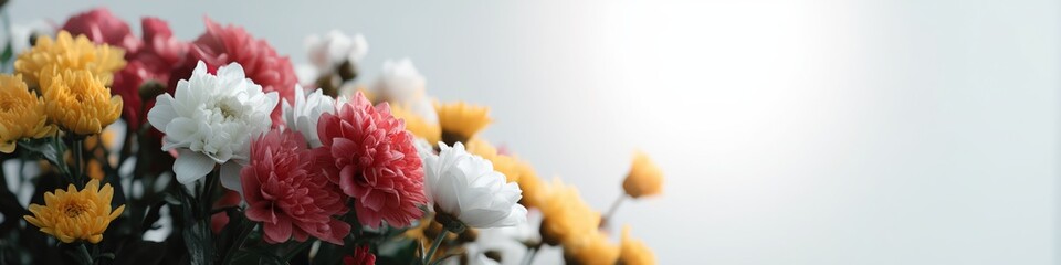 Blooming chrysanthemums in various colors against soft gradient background