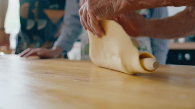 Senior grandmother using rolling pin to flatten dough on kitchen counter while teaching young grandchildren how to bake pizza. Tilt-up shot