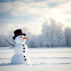 Obraz premium Charming snowman with a top hat standing happily in a snowy landscape with bright skies and frosted trees background.
