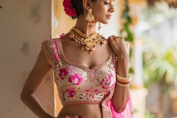 A woman in a pink blouse and a pink sari with a flower in her hair