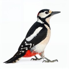 Obraz premium Great spotted woodpecker perched gracefully, showcasing its vibrant plumage on white background